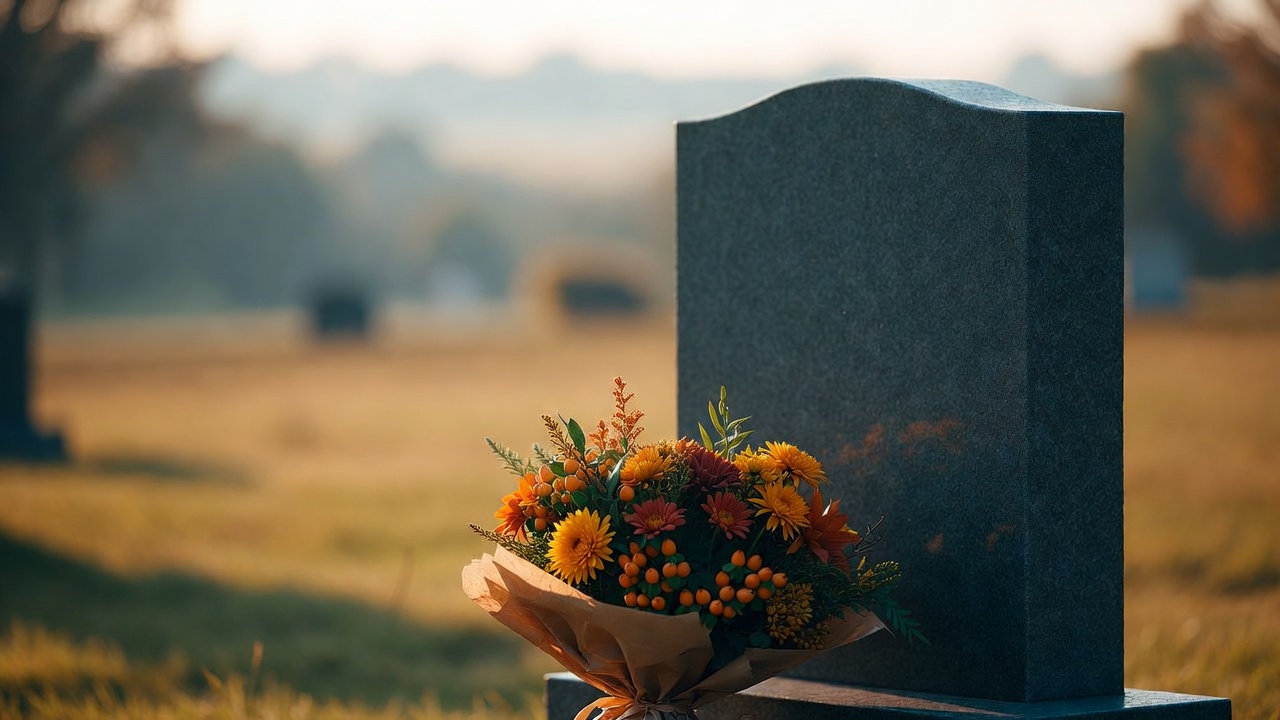 Fall arrangement with warm maple tones at a gravesite